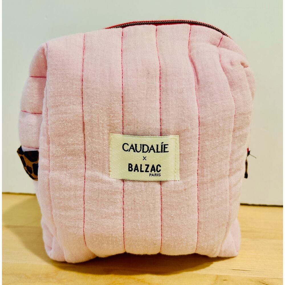 Caudalie x Balzac Paris Quilted Toiletry Bag Pink Cotton Makeup Pouch Leopard